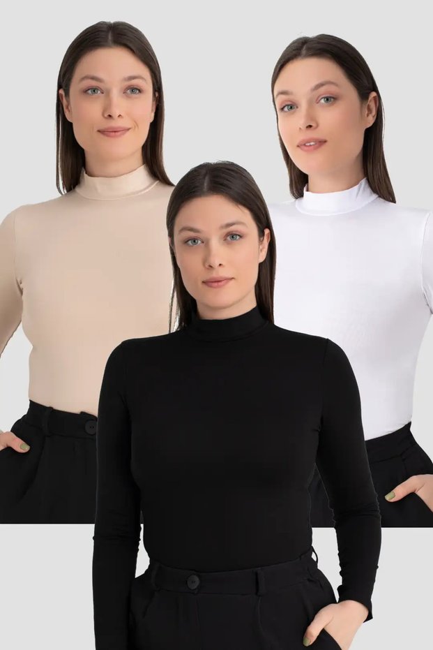 Women's White Black Skin Turtleneck Long Sleeve Body 3 Pieces Basic Style Seasonal Clothing Flexible Structure