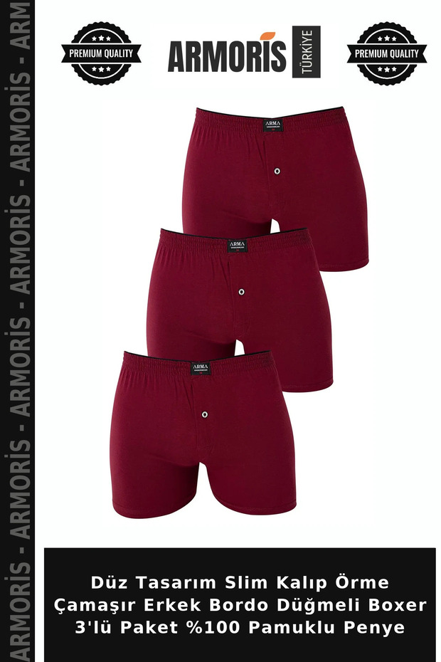 Plain Design Slim Fit Knitted Underwear Men's Burgundy Buttoned Boxer 3-Pack 100% Cotton Combed Cotton