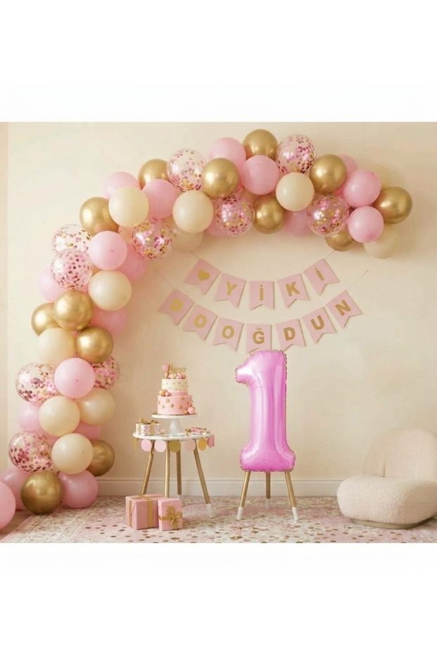 Pink Gold 1 Year Old Birthday Balloon Decoration Set with 50 Number Balloons