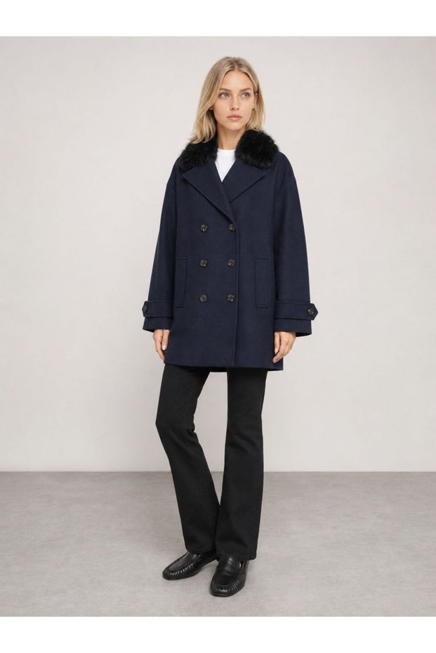 Women's Navy Blue Double-Breasted Oversize Coat
