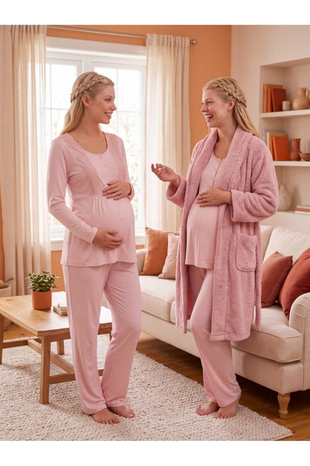 New Season Pink Shawl Collar Winter Long Sleeve Special Design Breastfeeding Featured Maternity Pajama Set