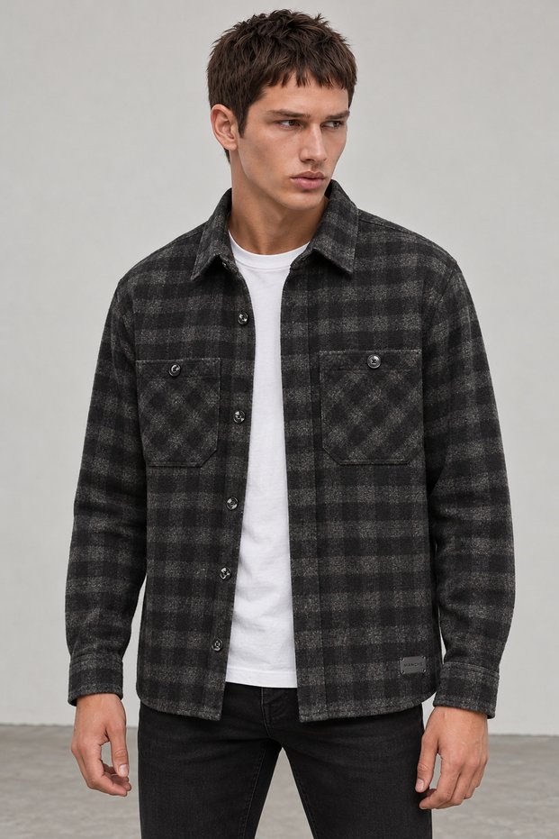 Anthracite Double Pocket Regular Fit Plaid Men's Shirt | Mew1211791-1