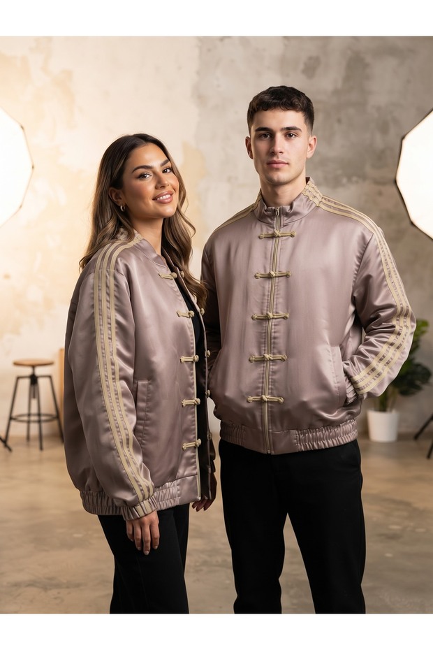 Unisex Chinese Buttoned Lace-Up Sleeves Striped Zippered Cardigan Coat