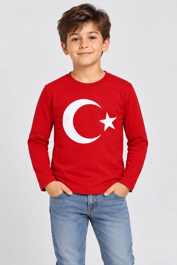 Children's Unisex Red Moon Star Turkish Flag Long Sleeve T-Shirt 100% Cotton