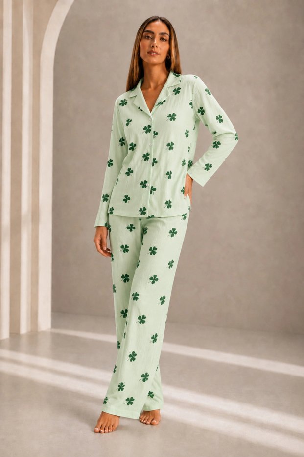 Women's Front Buttoned Long Sleeve Bottom Top Green Pajama Set