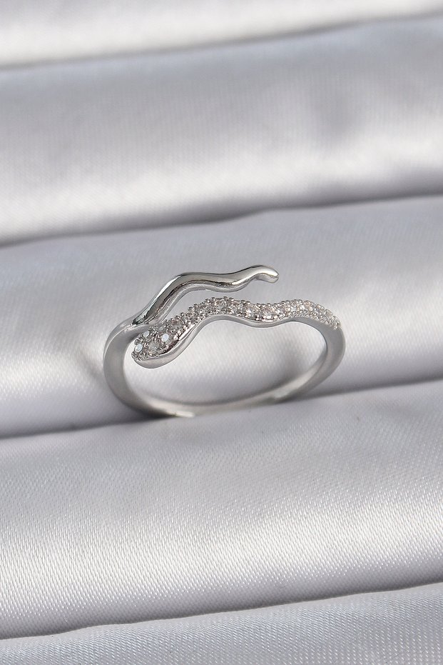 Brass Silver Color Zircon Stone Snake Adjustable Model Women's Ring