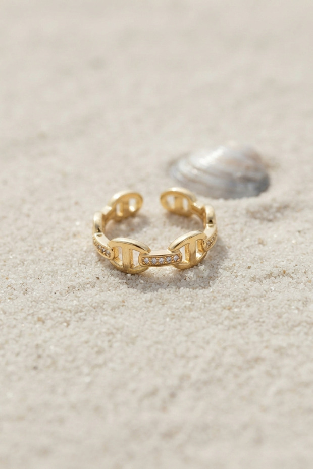 Gold Color Ship Chain Model Zircon Stone Women's Ring
