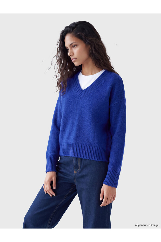 Peak New Season Blue V-Neck Oversize Women's Knitwear Sweater