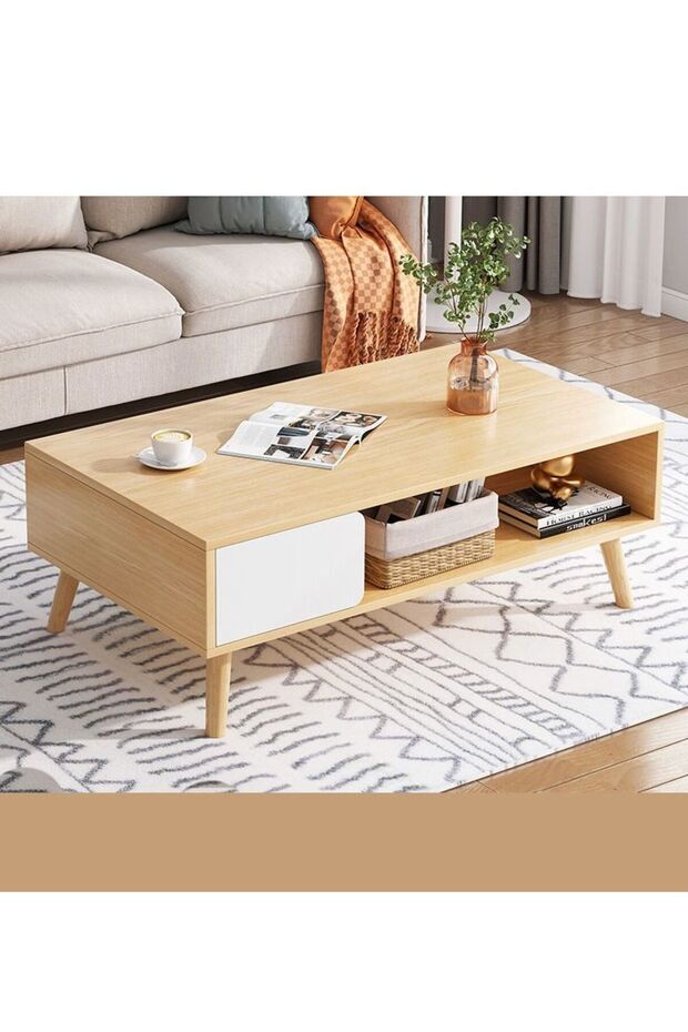 Modern Coffee Table with Drawer & Open Shelf, Side Table for Living Room