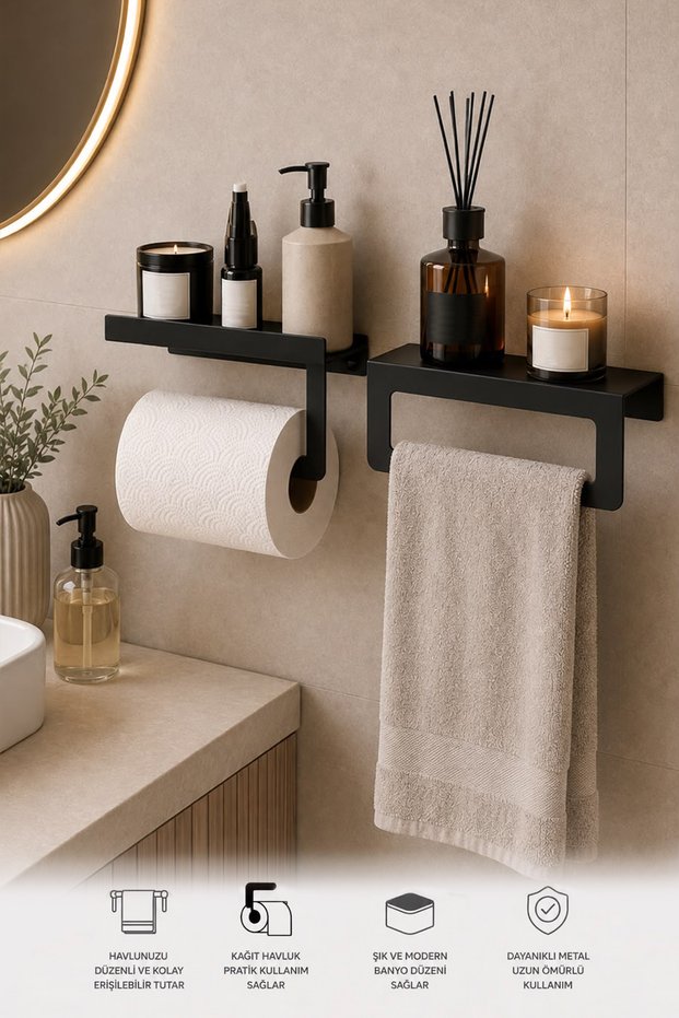 Black Metal Wall Mounted Towel Ring & Napkin Holder – Modern & Durable Set of 2 Kitchen Organizer