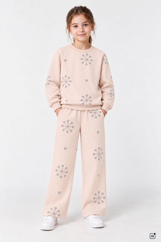 Cream Girls' Sequin Patterned Crew Neck Wide Leg Sweatpants Set 25033