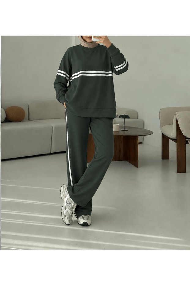 Double Stripe Detailed Trouser Suit - 2490 - Khaki (Ös)
