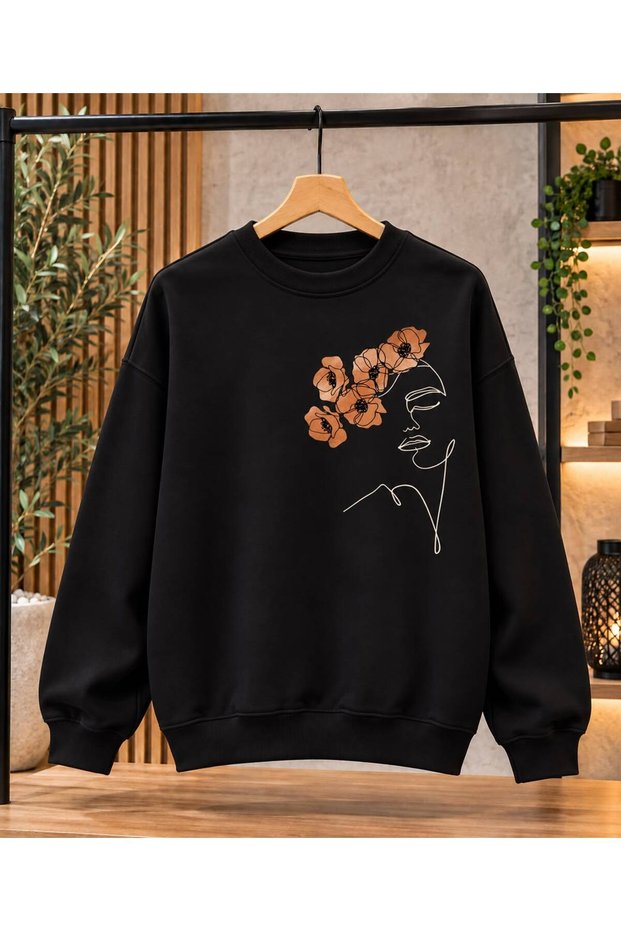 Women's Minimal Drawing/Floral Detailed Oversize Sweatshirt - Crew Neck Drop Shoulder Winter Sweatshirt