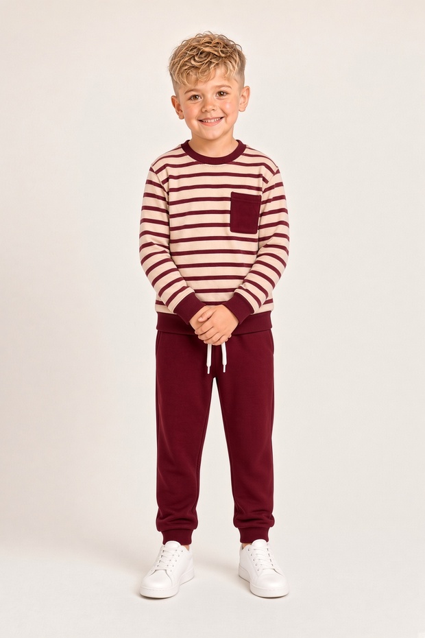Striped Model 3 Threaded Compact Inner Cotton Ribbed Boys' Set