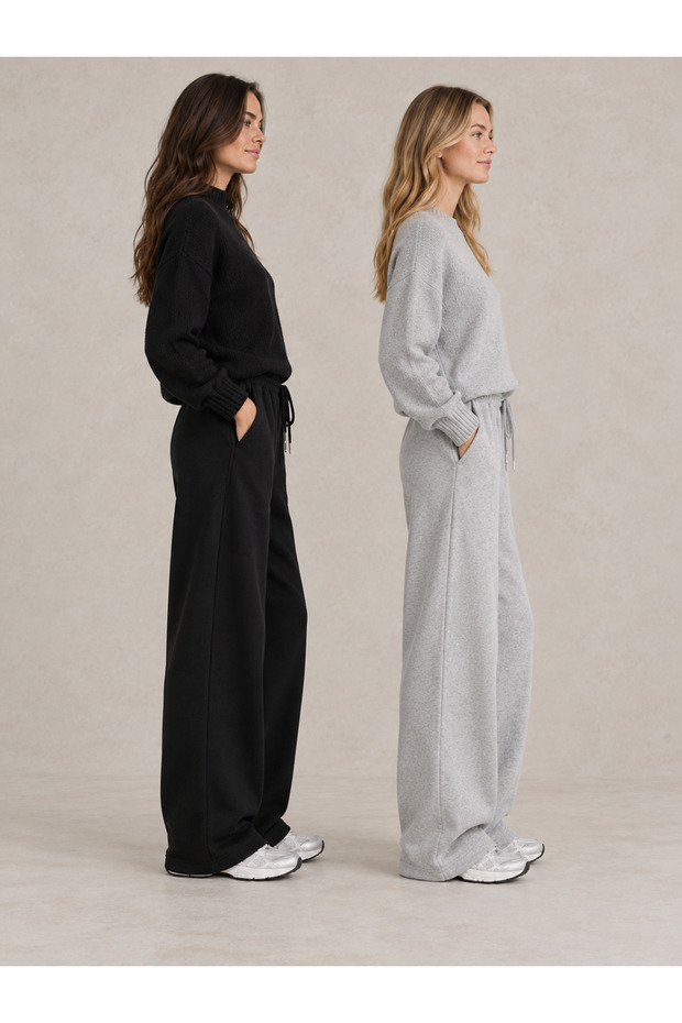 Women's Winter Shardonlu 2-Piece Sweatpants (Black-Grey) Oversize Comfortable Fit Wide Leg Washable Anti-Pilling
