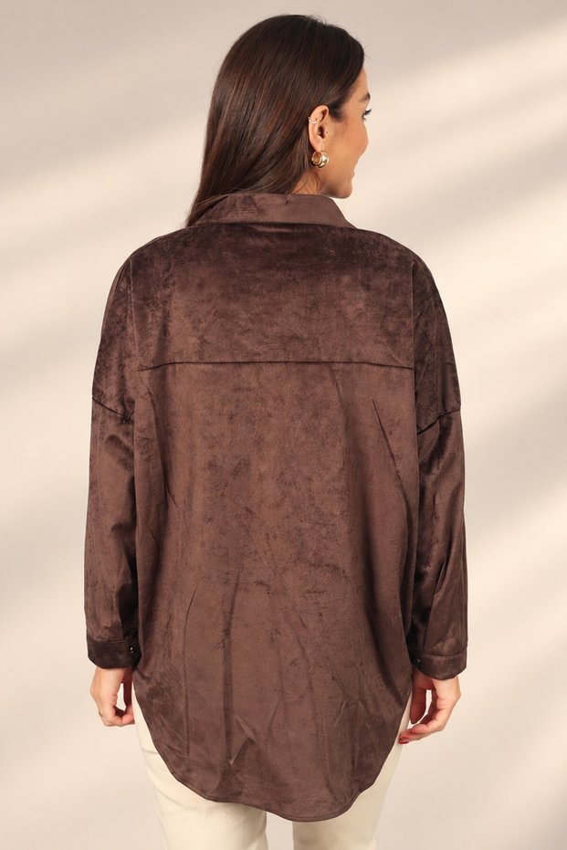 Women's Flap Collar Double Pocket Snap Fastener Suede Shirt