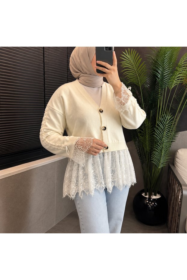 Premium Lace Detailed Sleeve-Cuffed Knitwear Cardigan -Ecru