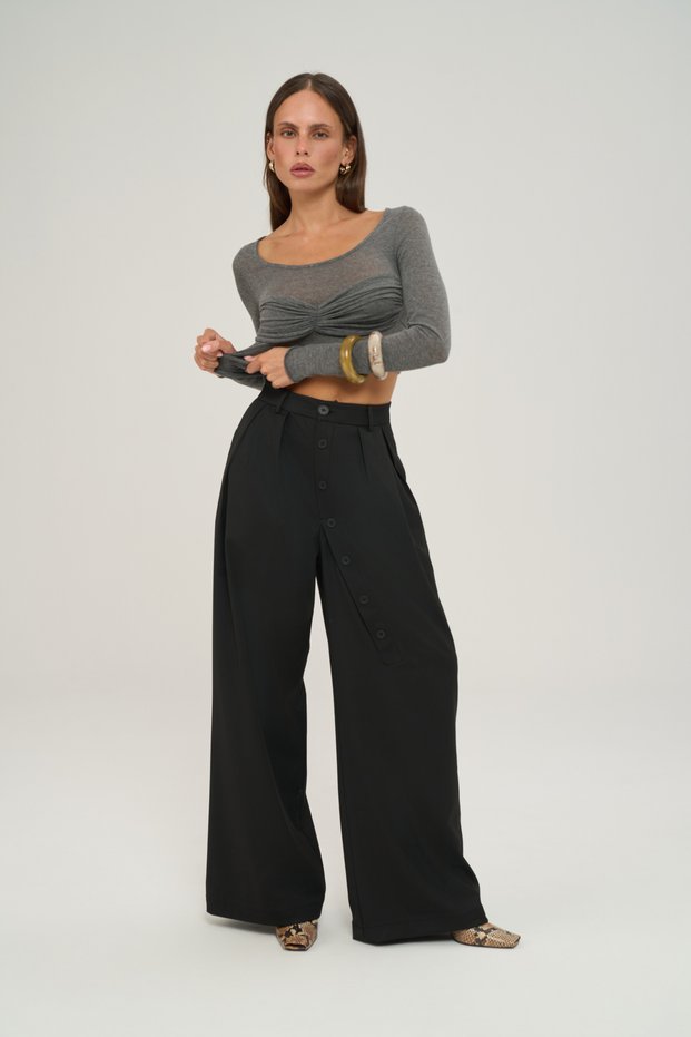 Lucca Button Detail Black Palazzo Trousers