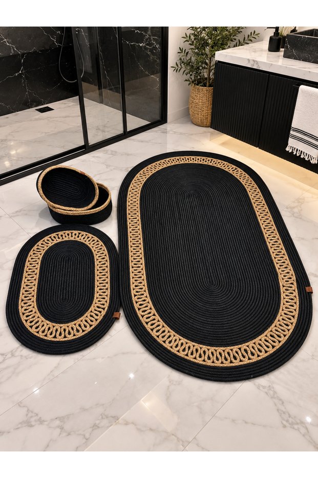 Black Jute Straw Large Size 4-Piece Bathroom Set, Bathroom Mat Set, Bathroom Basket, Mat, Basket Set