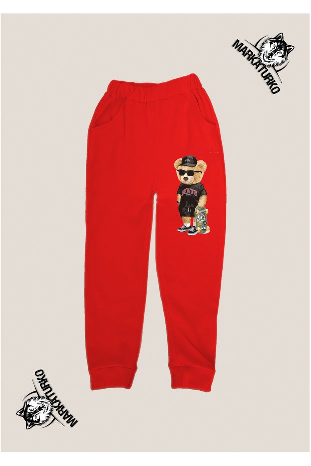 Patented Bear Printed Unisex Special Design Cotton Red Children's Tracksuit