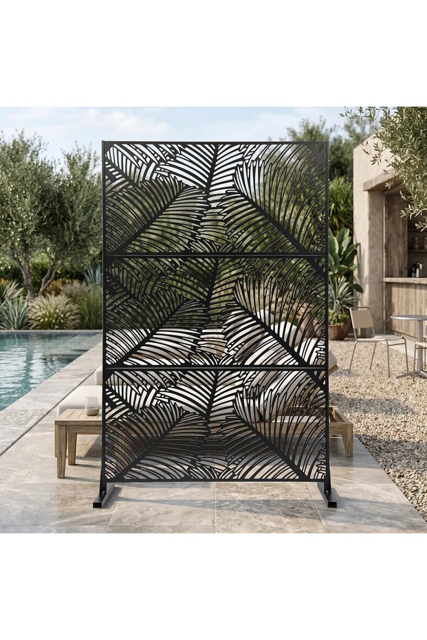 Metal Privacy Screen Outdoor, 120 x 183 cm Decorative Garden Fence Panel with Palm Leaf Pattern, Galvanised Steel Freestanding Room Divider for Balcony Patio Terrace, Brown