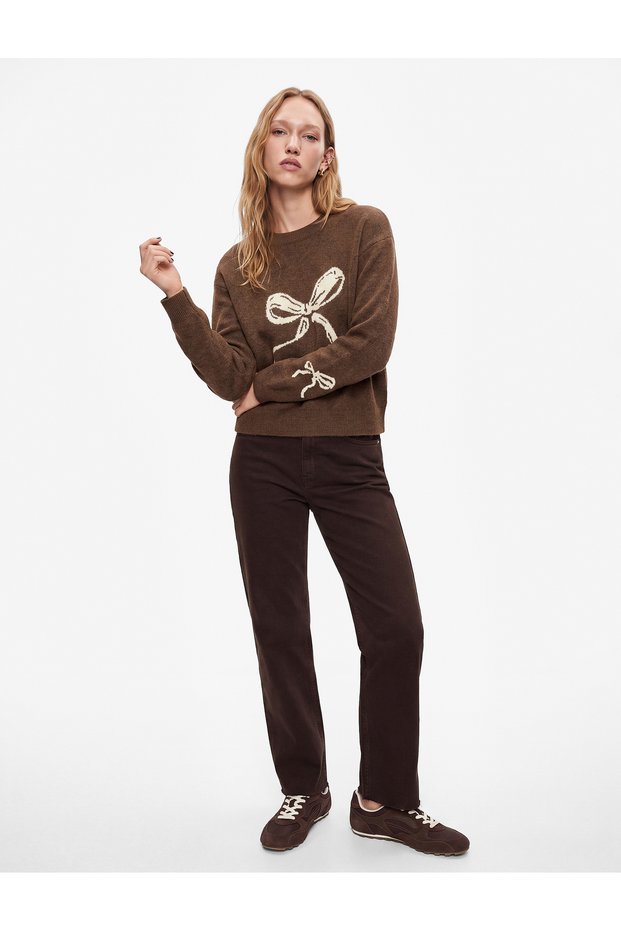 Wool Blend Bow Patterned Long Sleeve Crew Neck Knitwear Sweater