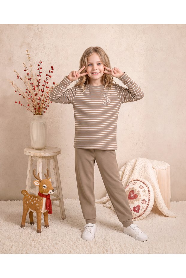Girls & Baby Winter Seasonal 100% Cotton 2 Yarn Sweetest Bloom Floral & Striped Ribbed Long Sleeve Pajama & Tracksuit Set Beige