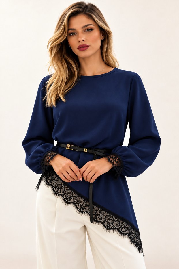 Women's Long Sleeve Crew Neck Asymmetrical Lace Detailed Long Imported Hijab Crepe Tunic - Timeless Elegance and Modern Chic