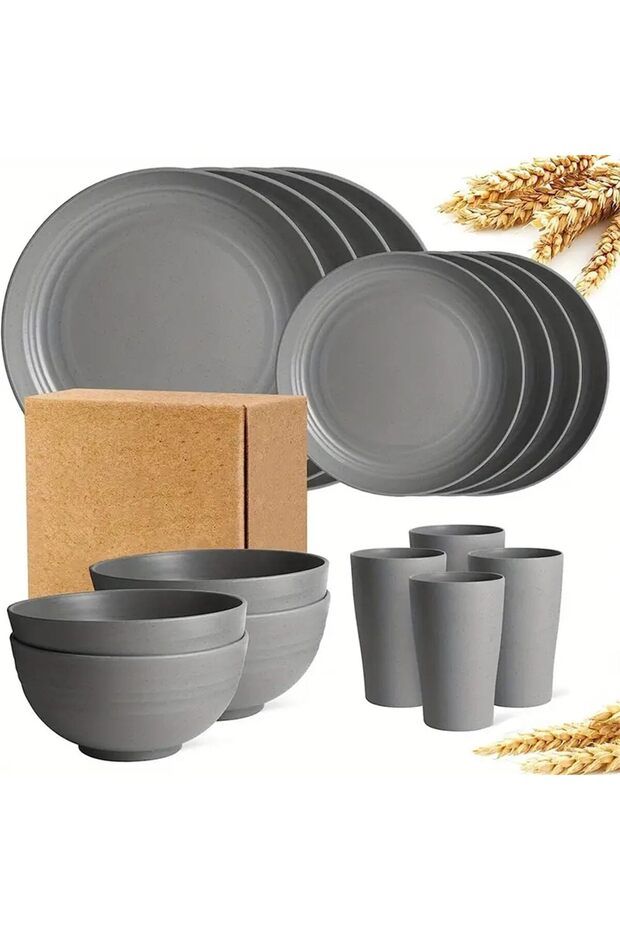 Plastic Dinner Set, Kitchen Dinner Plates Service for 4, Dessert Plates, Cereal Bowls, Cups