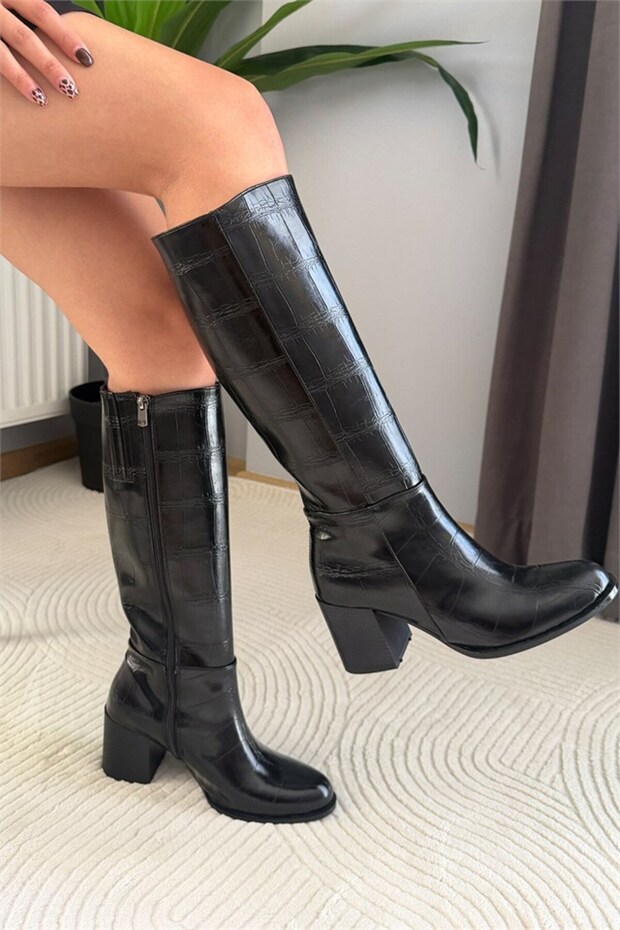 Women's Dream Black Crocodile Patent Leather Knee-High Boots