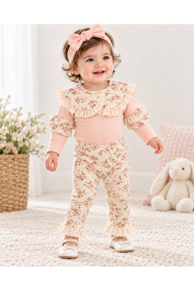 Floral Lace Ruffle 3-Piece Baby Girl Bodysuit, Leggings and Headband Set