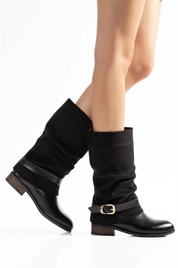 Women's Terra Black Flat Sole Drawstring Detailed Ankle Boots