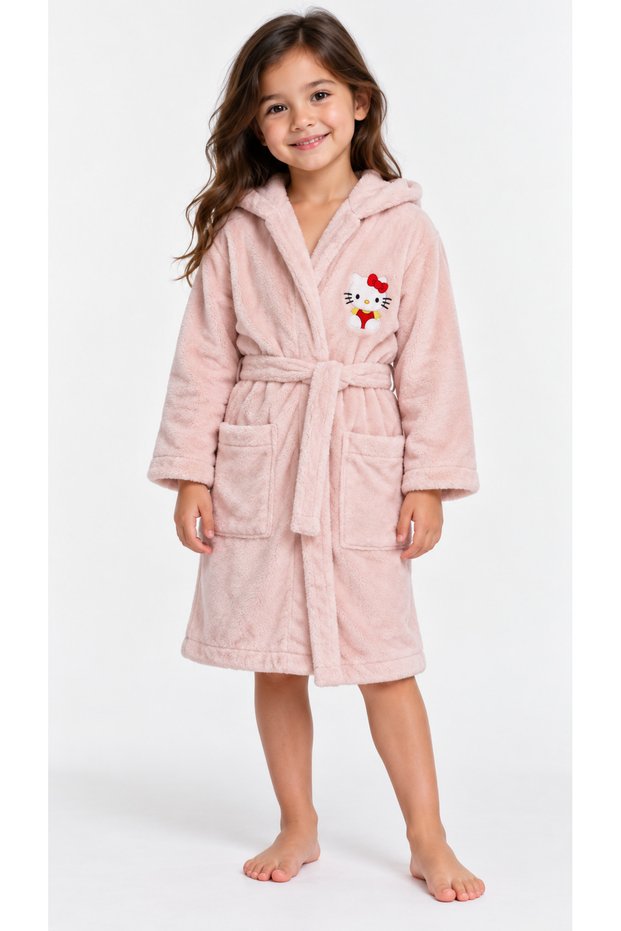 100% Cotton Hooded Girl's Bathrobe - Hello with Red Ribbon (Age 6)