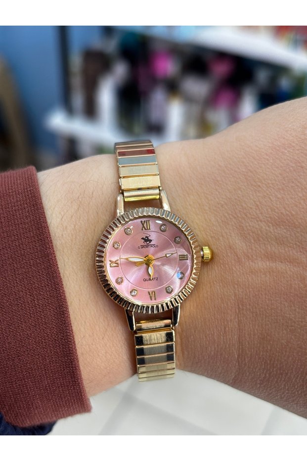 Women's Gold Color Metal Strap Pink Dial Stone Stylish Wristwatch