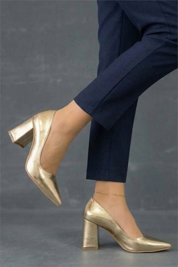 Women's Starlight Gold 7 cm Square Thick Heeled Shoes