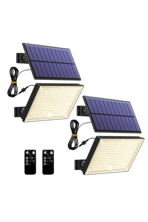 قطعتان من مصابيح الشارع الشمسية بـ 400 LED مع إضاءة دافئة وجهاز تحكم عن بعد، 3 أوضاع مع مستشعر حركة، إضاءة جدارية منفصلة
