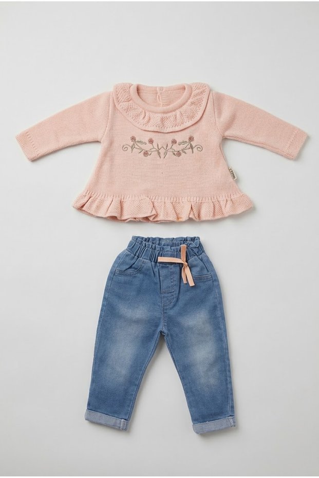 Baby Girl Floral Embroidered Ruffle Trim Knit Sweater and Jean Pants Set