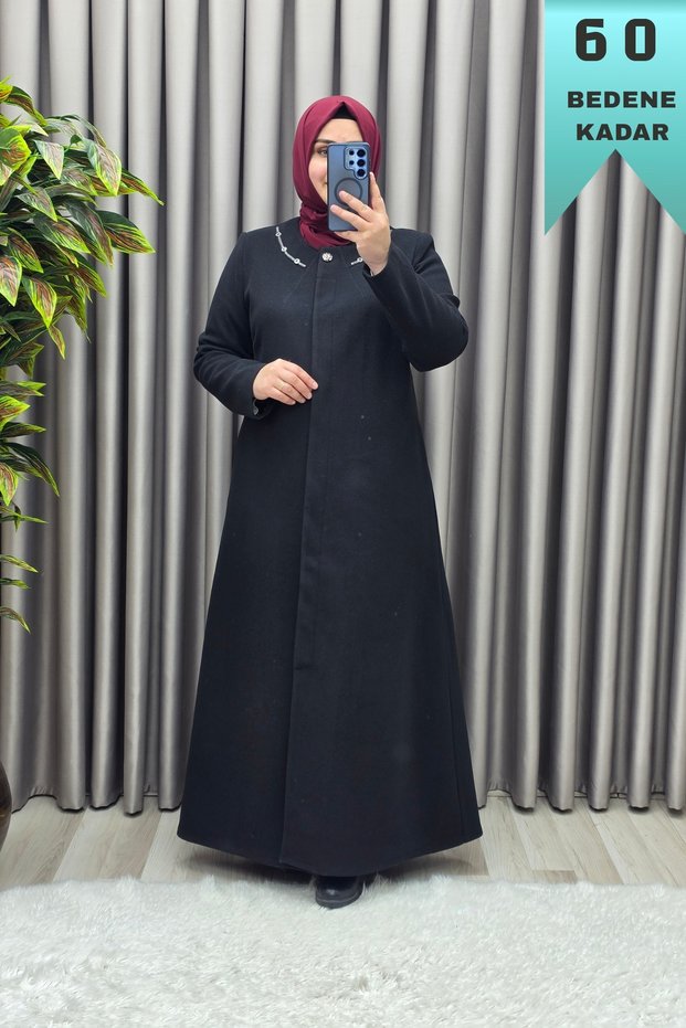 Women's Clothing Plus Size Full Length Cashmere Coat with Stone Collar and Hidden Buttons
