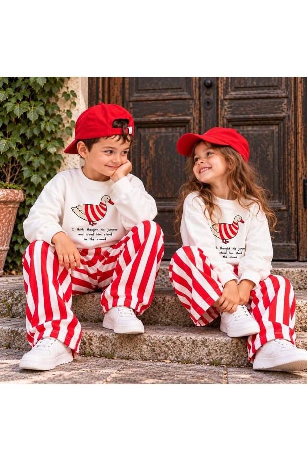 Girls Boys Ecru Duck Print Sweatshirt Red and White Striped Wide Leg Pants 2-Piece Set