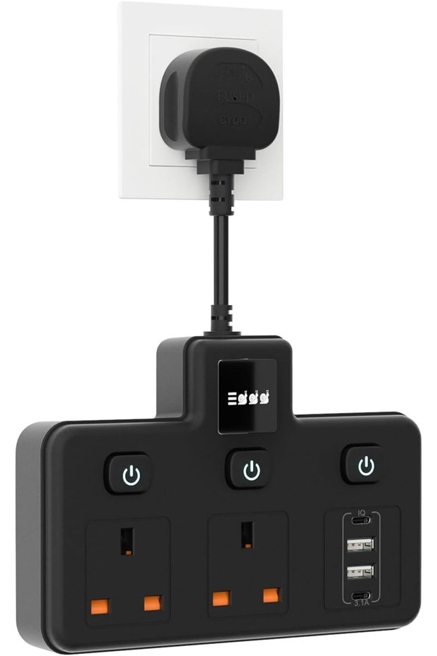 مقبس متعدد المنافذ مع منافذ USB، قابس تمديد حائطي ثنائي الاتجاه مع مفاتيح فردية وإضاءة LED، قابس مزدوج.