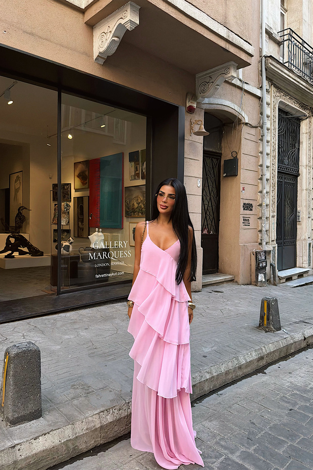 Pembe Askılı Tül Elbise