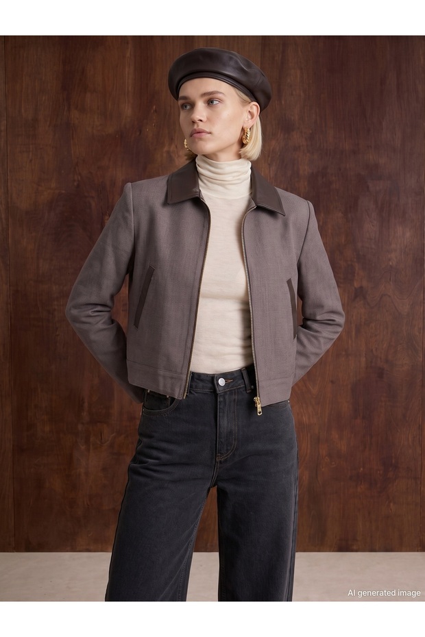 60830 Leather Detailed Crop Jacket
