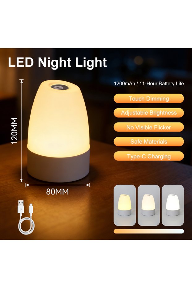 مصباح ليلي يعمل باللمس مع منفذ USB، إضاءة LED بثلاثة ألوان، مصباح طاولة قابل لإعادة الشحن عبر منفذ Type-C مع جهاز تحكم عن بعد