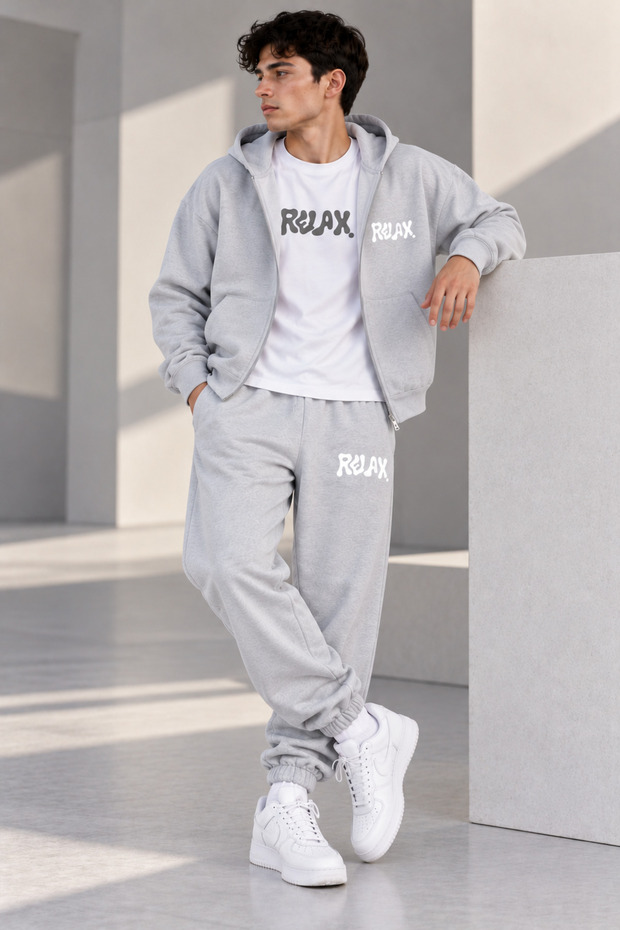 Men's Oversize 3-Piece Tracksuit Set Relax Printed Hooded Zipper Cardigan T-Shirt and Rubber Cuffed Pants