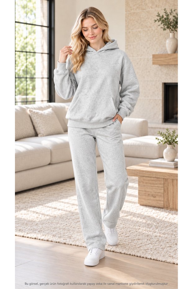 Women's Basic Hooded Tracksuit Set - Draped Relaxed Fit Sweatshirt with Kangaroo Pockets and Sweatpants Combination Set