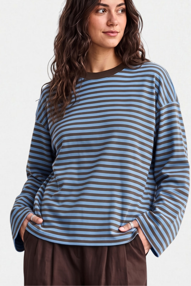 Women's Blue Brown Striped 100% Cotton Crew Neck Oversize Sweatshirt