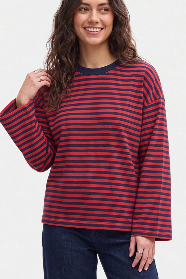 Women's Navy Blue Red Striped 100% Cotton Crew Neck Oversize Sweatshirt