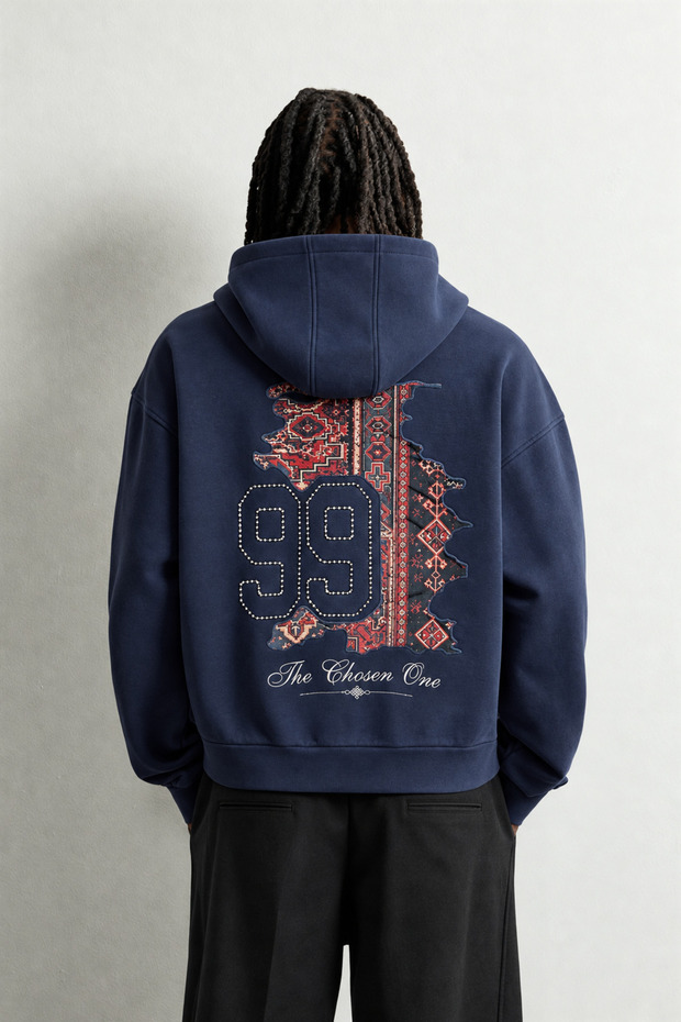 Men's 99 Carpet Pattern Patch Embroidered Hooded Oversize Sweatshirt