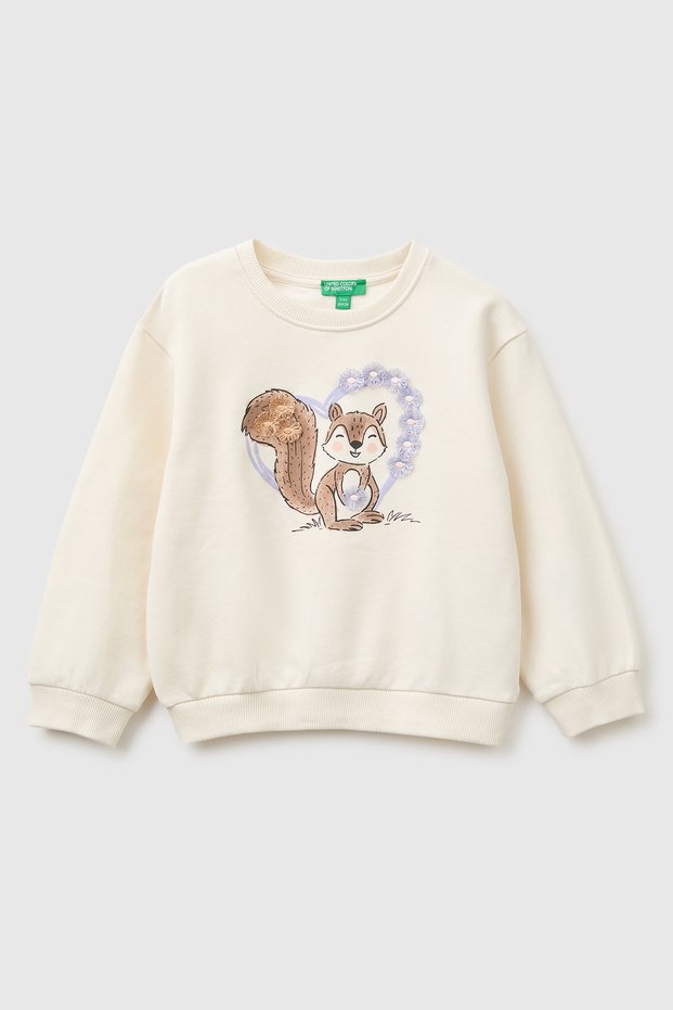 Girl's Ecru Front Embroidered Long Sleeve Crew Neck Sweatshirt