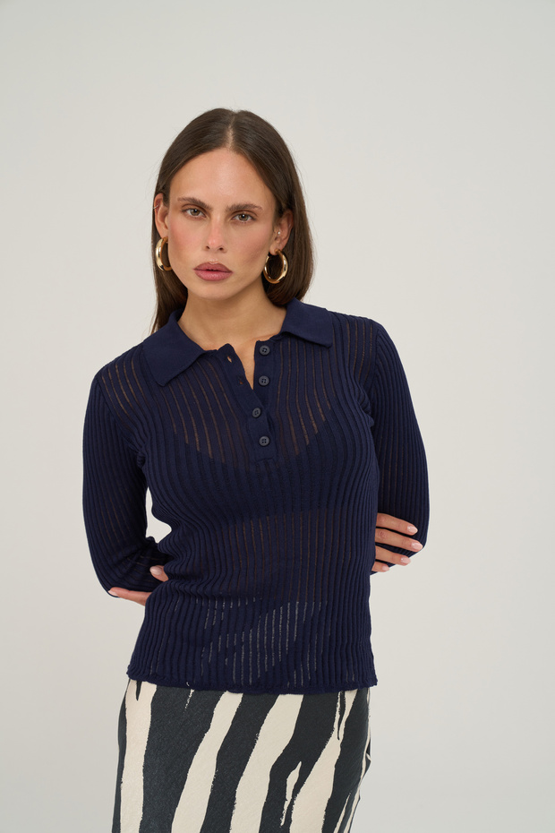 Opia Polo Collar Navy Blue Knitwear Sweater